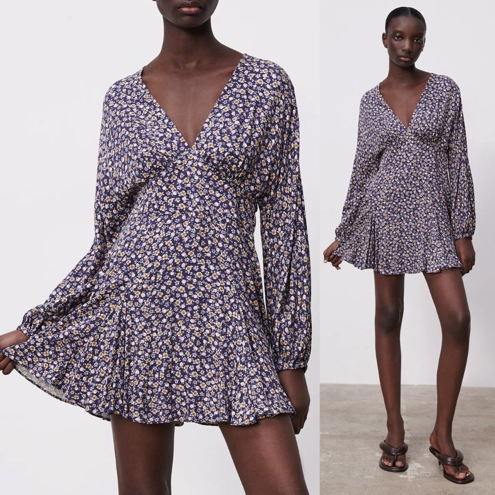NEW Zara Floral V Neck Printed Purple Mini Dress S